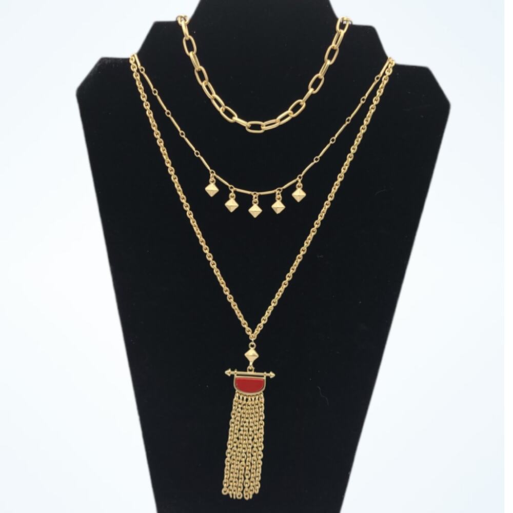Jardin Gold Layered Red Turquoise Stone Fringe Pendant Chain Necklace ~ NEW